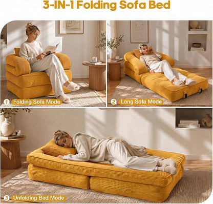 Folding Sofa Bed, Convertible Sleeper Chair with Armrests, Corduroy Foldable Boneless Bed, 3-in-1 Portable Futon Couch Floor Sofa with Pillow for Bedroom, Living Room, Orange