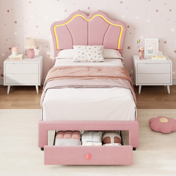 Garvee Twin Bed Frame with Storage, Upholstered LED Bed Frame with Headboard, Cute Velvet Platform Bed Frame for Kids, Girls, Solids Wood Slats Support, No Box Spring Needed, Easy Assembly, Pink