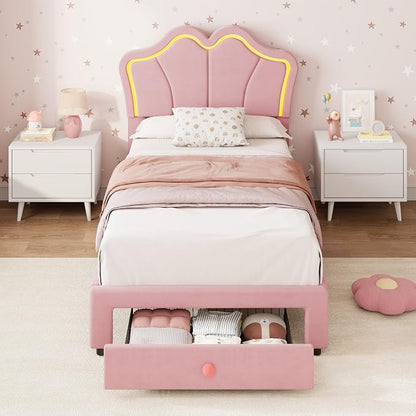 Garvee Twin Bed Frame with Storage, Upholstered LED Bed Frame with Headboard, Cute Velvet Platform Bed Frame for Kids, Girls, Solids Wood Slats Support, No Box Spring Needed, Easy Assembly, Pink