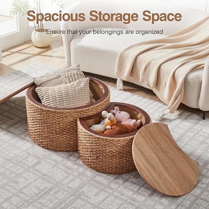Round Nesting Coffee Table Set of 2 with Storage - Handwoven Wicker Rattan Ottoman Style, Boho Coastal Coffee Tables for Living Room, Rattan Coffee Table with Cover & Soild Wood Frame