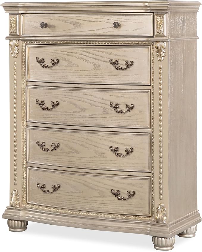 First of a Kind Evelyn Traditional 5 Piece Queen Bedroom Set with Upholstered Tufted Headboard Elegant European Inspired Design Coordinated Furniture Collection