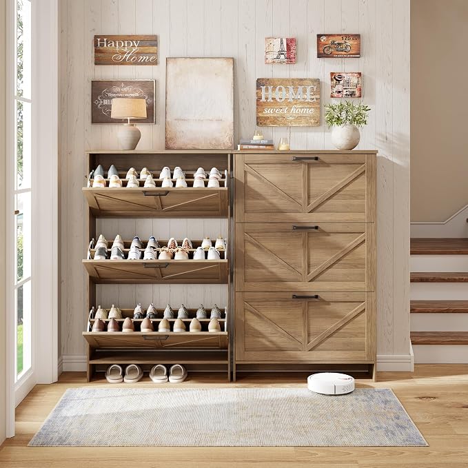 Nicetree Freestanding Shoe Cabinet for Entryways – Shaker Barn Door Style, 3 Flip Drawers, Ultra Slim 9.5" Depth – Farmhouse Shoe Rack with 3 Adjustable Shelves – Caramel Organizer for Hallway & Foyer