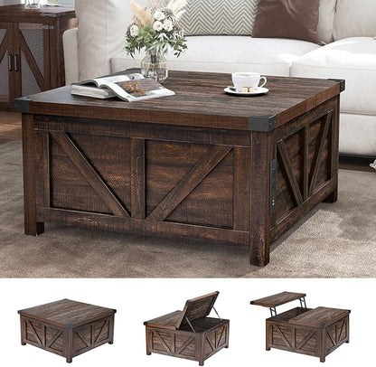 jimeimen Farmhouse Lift Top Coffee Table with Storage, Wood Square Center Table with Charging Station&USB Port, Living Room Table w/Large Hidden Space, for Living Room, Bedroom, Home Office, Brown