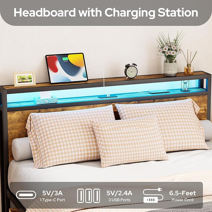 Zevemomo Full Bed Frame with Storage Drawers, Bed Frame Full Size with Headboard, LED Light, Charging Station with 3 USB Ports & 1 Type-C Port, Noiseless, Rustic Brown