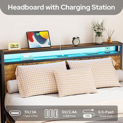Zevemomo Full Bed Frame with Storage Drawers, Bed Frame Full Size with Headboard, LED Light, Charging Station with 3 USB Ports & 1 Type-C Port, Noiseless, Rustic Brown