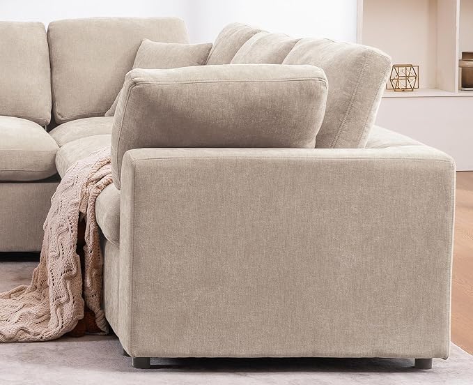 Oversized Modular Sectional Sofa Couch for Living Room, Light Camel | Large 7 Seater Corner Sofa | Modern U Shaped Sectional | with Ottoman | Spacious Space | Comfy Chenille | for Large Families