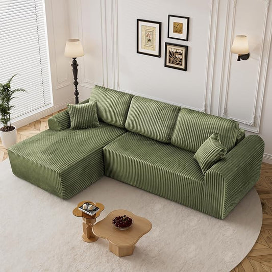 110" L Shaped Boneless Sectional Couches for Living Room, Comfy Corduroy Floor Cloud Sofa with Chaise, Wide Armrest, Deep Seat, Memory Foam, Assembly Free, Ideal for Small Spaces, Green