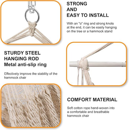 Lazy Daze Hammocks Chair Caribbean Hanging Rope Swing Chair, 40" Removable Steel Spreader Bar with Anti-Slip Rings, Soft-Spun Cotton Rope for Indoor/Outdoor Backyard & Living Room, Max 500 LBS, Beige