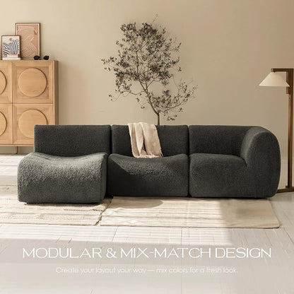 106" Curved Sectional Sofa with Chaise, Boneless 3 Seater Modular Couch, Reversible L-Shaped Couches with High-Density Foam, Modern Lounge Comfort Sherpa Sofas for Living Room – No Assembly, Grey