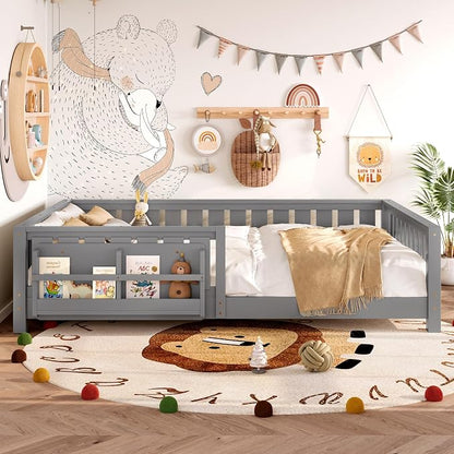 Bellemave Queen Size Floor Bed with Slats and Safety Guardrail, Queen Size Montessori Floor Bed with Fence and Built-in Bookshelf, Easy Assemble Montessori Beds for Girls, Boys, Gray