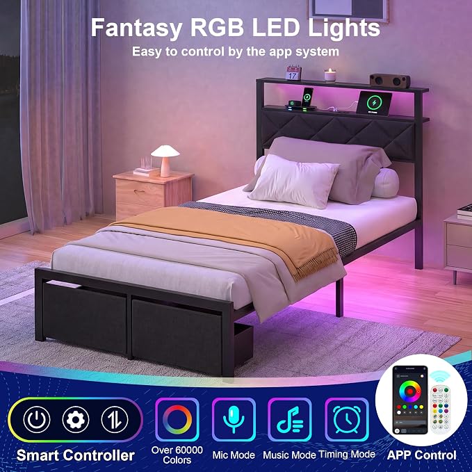 Twin Bed Frame with LED Lights, Charging Station & 2 Storage Drawers, Metal Platform with Upholstered Headboard, No Box Spring Needed, Easy Assembly