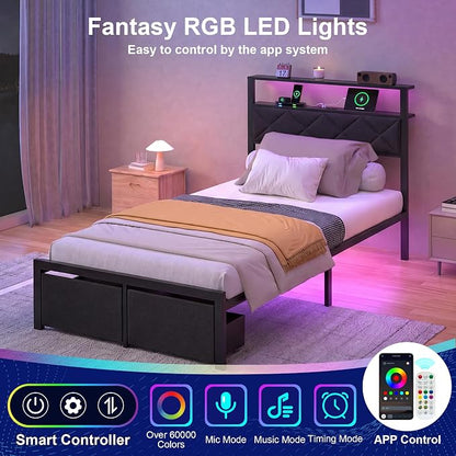 Twin Bed Frame with LED Lights, Charging Station & 2 Storage Drawers, Metal Platform with Upholstered Headboard, No Box Spring Needed, Easy Assembly