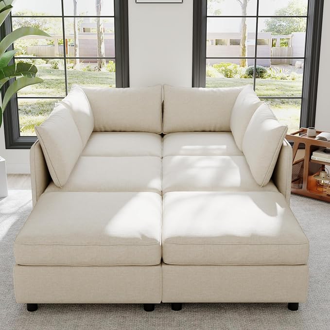 129-Inch U-Shaped 6 Seat Modular Sofa Deep Seat Storage Sectional Sofa Couch Free Combination with Movable Ottomans ,6 Seat Chenille Upholstered U-Shaped Convertible Sleeper Couch for Home Apartment | Space Saving