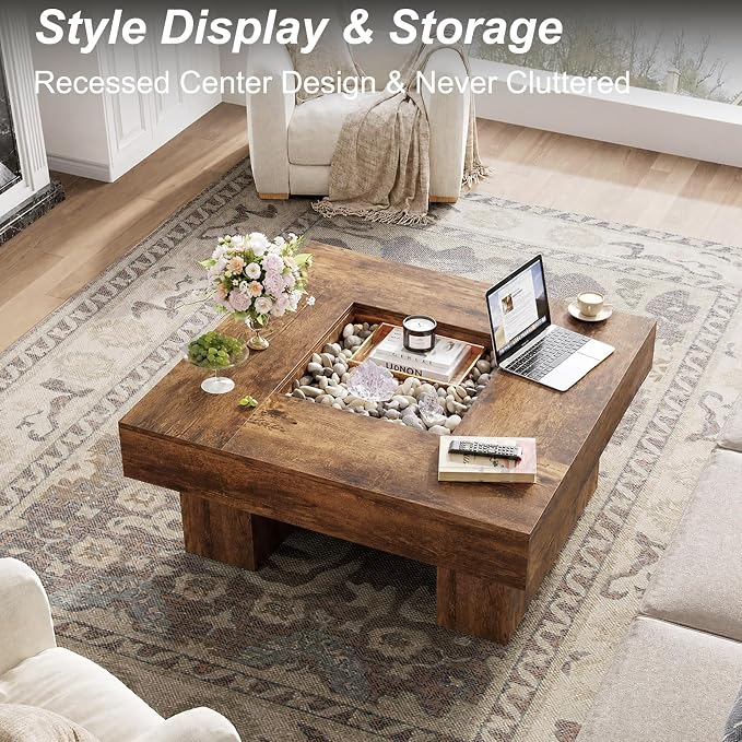 LVB Rustic Coffee Table, Large Wood Living Room Table with Storage, Modern Low Wide Square Led Center Table, Farmhouse Unique Tea Table with LED Light for bedroom Home Office, 39.37 Inch, Rustic Brown