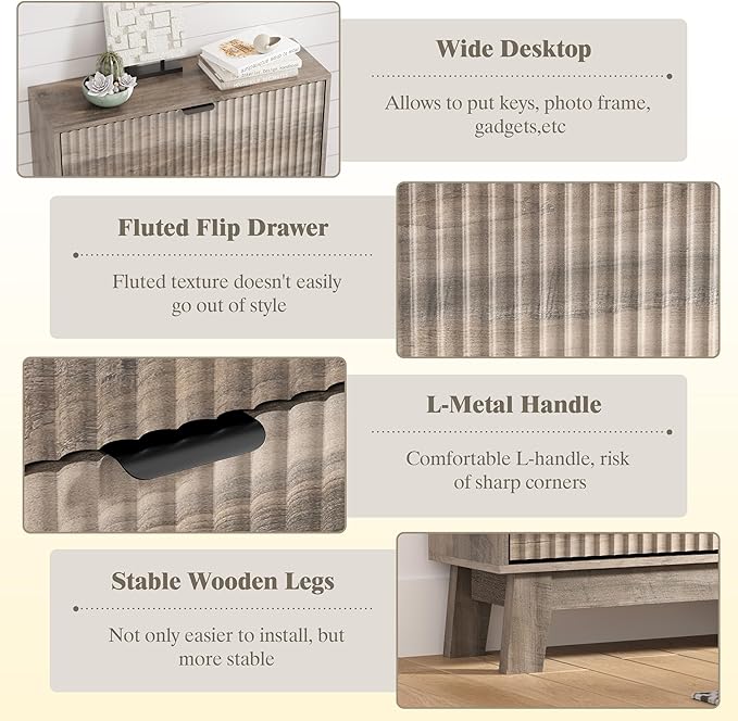Shoe Cabinet Storage for Entryway with 3 Flip Drawers, Fluted Narrow Shoe Organizer with Wooden Legs, Freestanding Slim Shoe Storage Hidden Shoe Rack Organizer for Front Door Entrance, Hallway, Grey