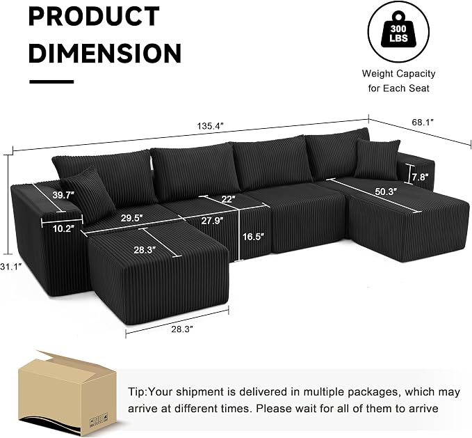 Weture 135.4" Cloud Couch Sectional, Modular Sectional Sofa with Deep Seat, Plush Corduroy U Shaped Boneless Couch, Convertible Sectional Couches for Living Room, 6Seat, Black