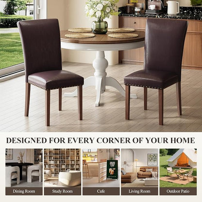 COLAMY Parsons Dining Chairs Set of 6, PU Leather Dining Room Kitchen Side Chair with Nailhead Trim and Wood Legs - Dark Brown