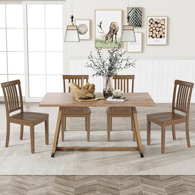 COLAMY Wooden Dining Chairs Set of 4, Solid Rubberwood Kitchen & Dining Room Chairs, Farmhouse Rustic Side Chairs for Dining Table, Anti-Slip Protection, Classic Windsor Style Seating, Light Brown