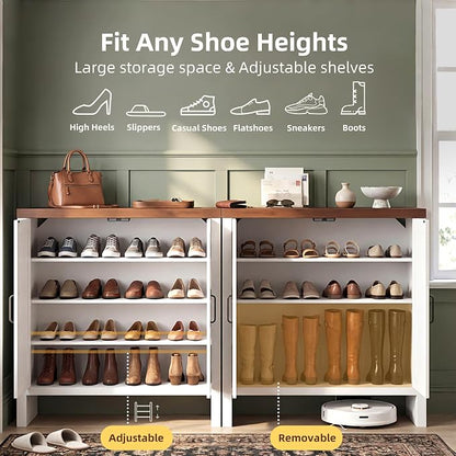 Shoe Cabinet, 4-Tier Shoe Storage Cabinets with Doors and Adjustable Shelves, Thickened Wood Freestanding for Entryway, Hallway, Closet, Organizer Rack, Walnut and White JSC004WWB