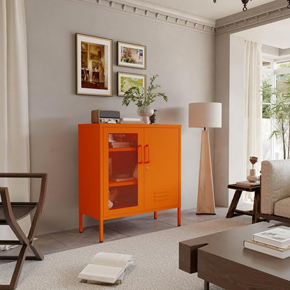 Orange Metal Locker CabinetsMetal Locker Storage Cabinet with Mesh Doors and Adjustable Shelves Coffee Bar Cabinet,Kitchen Pantry Storage Cabinets for Home, Office, Entryway and Hallway ﻿