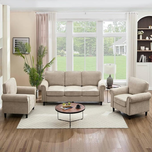 Kingfun 3 Seater Couch, Mid Century Modern Sofa Set with Rolled Arms and Deep Seats, Fluffy Comfort for Living Room, Apartment, Easy Assembly, Khaki