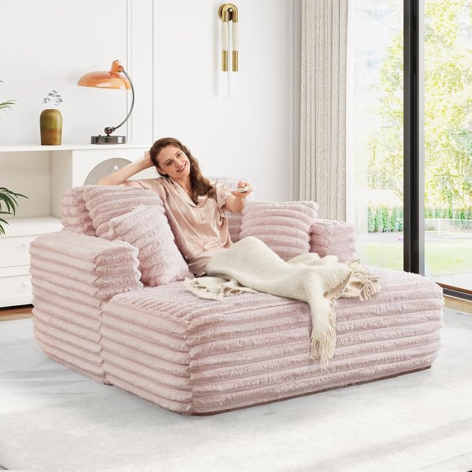 JEEOHEY 56" Oversized Chaise Lounge Chair Indoor,Plush Faux Fur Sleeper Sofa Couch Bed with Pillows&Wide Armrests,Fluffy Comfy Cloud Couch,Compression Foam Couch for Living Room,Bedroom(Pink)