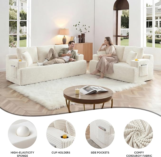 Boneless Sofa Couch Set with Cup Holders & Side Pockets, Modern Corduroy Fabric Upholstered 3-seat Couch & Loveseat Set with 4 Throw Pillows for Living Room, Office, No Assembly (Beige)