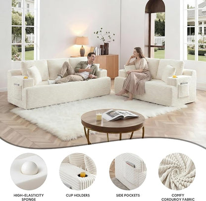 Boneless Sofa Couch Set with Cup Holders & Side Pockets, Modern Corduroy Fabric Upholstered 3-seat Couch & Loveseat Set with 4 Throw Pillows for Living Room, Office, No Assembly (Beige)