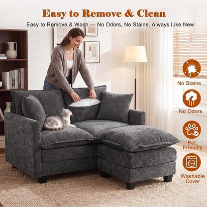 50'' L-Shape Loveseat Sofa with 22" Ottoman, 2 Seat Modern Cloud Couch with 2 Washable Pillows for Small Space Apartment Office Living Room Bedroom, Grey