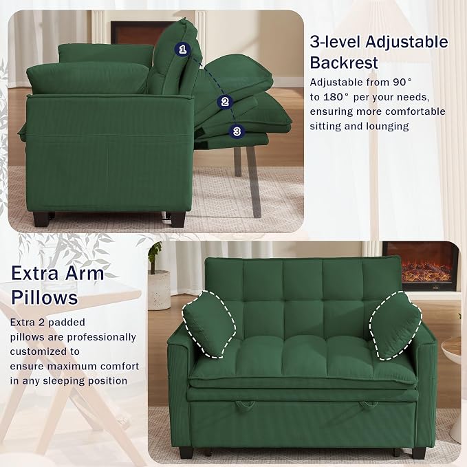 3 in 1 Convertible Sleeper Sofa Bed, 48" Pull Out Couches, Modern Loveseat Sleeper Sofa with Adjustable Reclining Backrest & Side Pockets for Living Room, Green