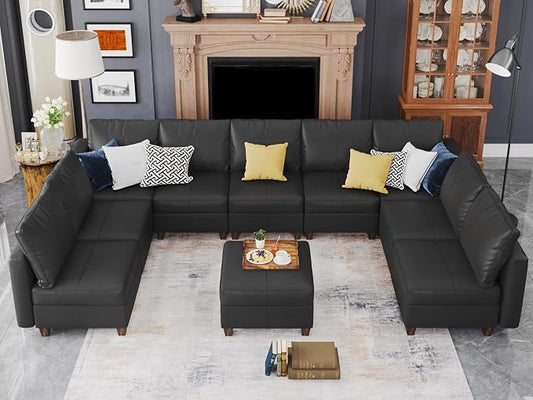 EASE MOOSE Faux Leather Sectional Sofa, Modular Sectional Sofa Couch U Shaped Couch with Storage Ottoman, Black
