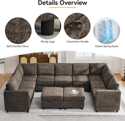 127'' Oversized U Shaped Modular Sofa, Sectional Couches with Storage for Living Room, Modern 9 Seater Cloud Sectional Couch with Movable Ottoman, Chenille Brown
