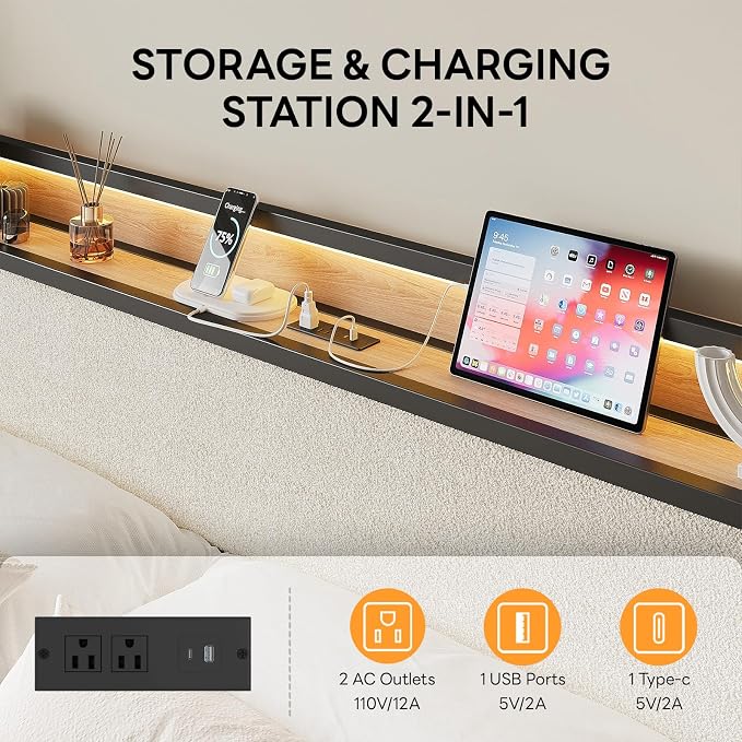 LIKIMIO California King Bed Frame with Storage Headboard and LED Lights, Metal Platform Bed with Charging Station, Noise Free, No Box Spring Needed, Under Bed Storage, Natural and Cream
