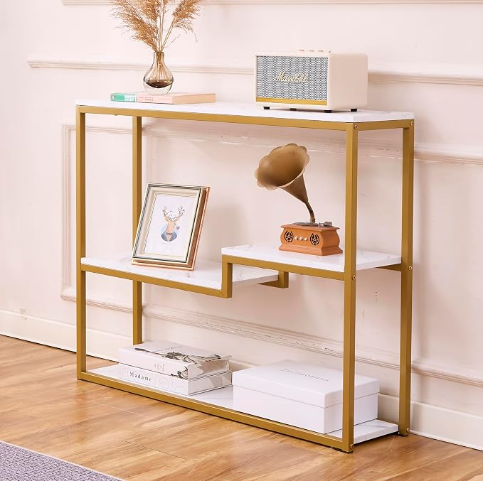 loglus Console Table for Entryway, Faux Marble MDF Sofa Table with Golden Frame, White Marble, 9.45" D x 38.18" W x 31.22" H