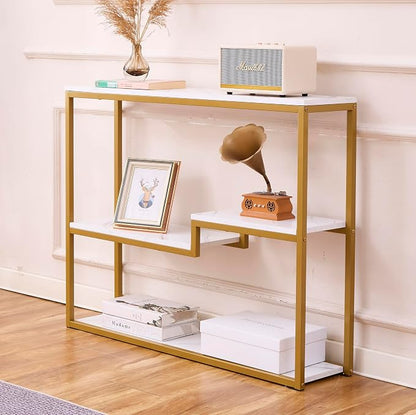 loglus Console Table for Entryway, Faux Marble MDF Sofa Table with Golden Frame, White Marble, 9.45" D x 38.18" W x 31.22" H