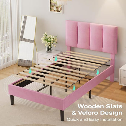 VECELO Twin Size Bed Frame with Upholstered Headboard, Heavy-Duty Bedframe with Wooden Slats & Steel Framework, Easy Assembly, Velvet & Pink