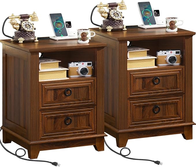 Joaxswe 18" Farmhouse Night Stands Set of 2 with Charging Station, 2 Drawers End Table Dresser for Bedroom, Brown Wooden Nightstand, Bed Side Table with Open Shelf, Bedside Cabinet for Living Room