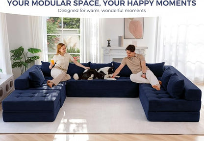 MAXYOYO Modular Sectional Sofa Couch, Foldable Oversized U Shaped Cloud Couch with Pillows, Tufted Boneless Lounger Floor Sofa Bed for Living Room, No Assembly Required, Navy