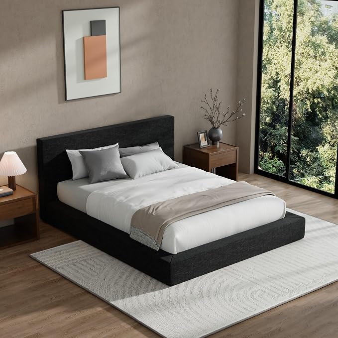 RECCI AirFrame King Size Bed Frame with Headboard, Cloud Upholstered Platform Bed Frame, 5 Inch Foam Cushioned, No Box Spring, Easy Assembly(Onyx Black)