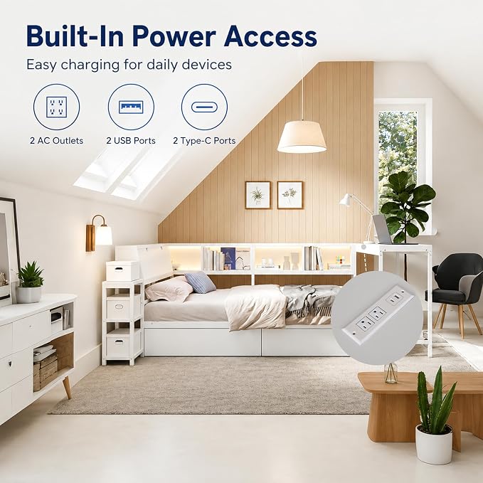 Bellemave Queen Corner Bed Frame with Storage Bookcase & 2 Drawers, Modern Metal Queen Daybed with LED Lights & Charging Station, Reversible Queen Size Corner Bed with Desk for Space-Saving, White