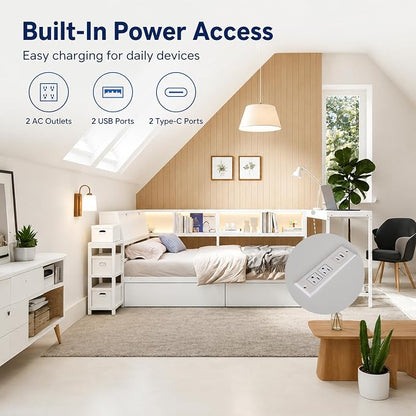 Bellemave Full Size Corner Bed Frame with Storage Bookcase & 2 Drawers, Modern Metal Full Daybed with LED Lights & Charging Station, Reversible Full Corner Bed with Desk for Space-Saving, White