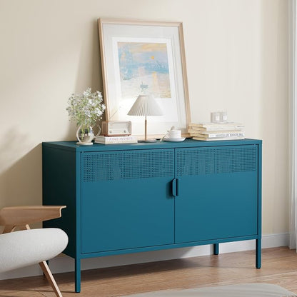 Blue 25" H Metal Storage Cabinet with Adjustable Shelf, 2 Door Accent Cabinet, 2-Tier Low Cabinet with Vent Hole, TV Stand for Entryway, Home Office, Music Studio