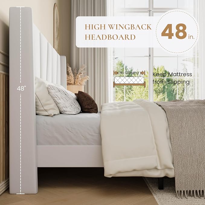 SHA CERLIN Full Size Velvet Bed Frame with Geometric Wingback Headboard, Upholstered Platform Bed with Wooden Slats Support, 8" Under-Bed Space, No Box Spring Needed, Easy Assembly, White