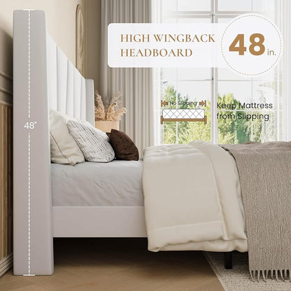 SHA CERLIN Queen Size Velvet Bed Frame with Geometric Wingback Headboard, Upholstered Platform Bed with Wooden Slats Support, 8" Under-Bed Space, No Box Spring Needed, Easy Assembly, White