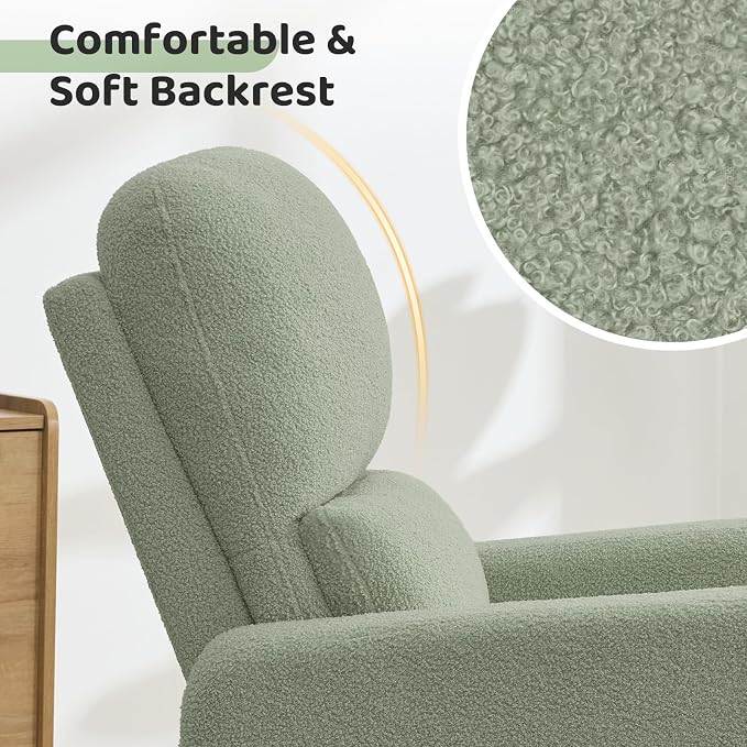 Power Swivel Rocker Recliner, Oversized Electric Boucle Recliner Chair, Teddy Swivel Glider Nursery Reclienr with Removable Cushion, Upholstered Recling Chair for Living Room Bedroom, Green