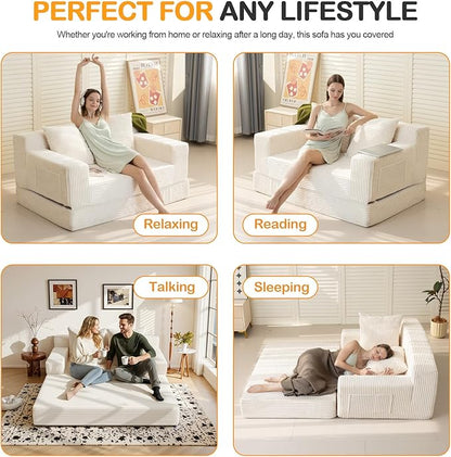 Erament Convertible Sofa Bed, Loveseat Folding Floor Futon Sleeper Sofa Couch Bed- Boneless Foldable Couch, Corduroy Pull Out Sofa Bed with 2 Pillows for Living Room & Bedroom