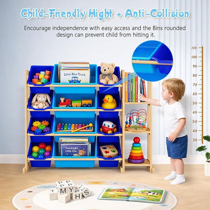 Kids Toy Storage Organizer with Bookshelf – Wooden Shelf with 12 Bins & 3 Shelves, Quick Assembly Storage Rack for Playroom, Bedroom, Nursery– Blue