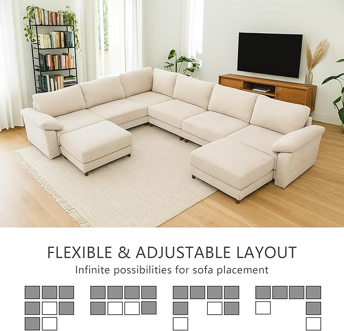 Oversized Modular Cloud Couch with Removable Washable Cover, U-Shaped Sectional for Large Living Room, Plush Chenille & Deep Seat Beige