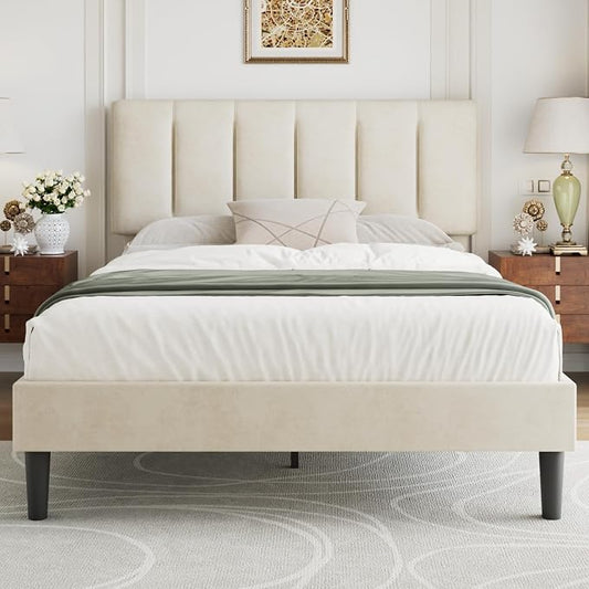 VECELO Full Size Bed Frame with Upholstered Headboard, Heavy-Duty Bedframe with Strong Wooden Slats Support, No Boxing Spring Needed, Pale Beige