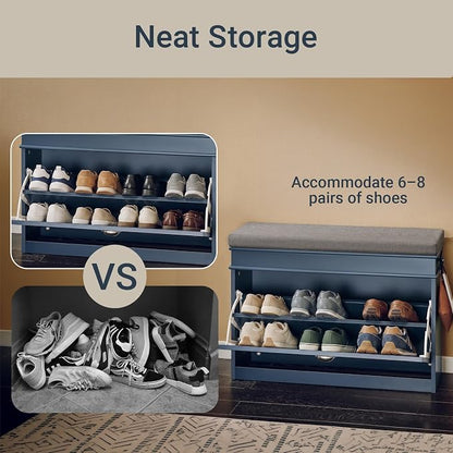 Haotian Shoe Storage Bench with Cushion, Navy Narrow Shoe Rack for Entryway, Small Shoe Cabinet with Flip-Drawer, Closet Hallway Mudroom FSR82-L-B